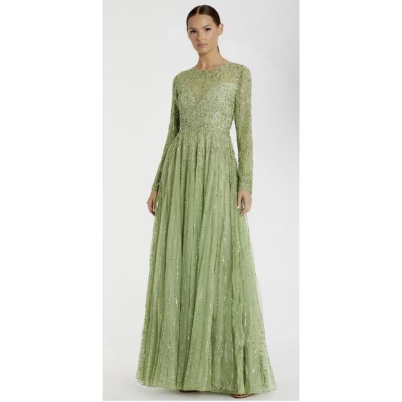 Mac Duggal 5636 Sage Green Sequined Illusion Neckline Size 4 $798